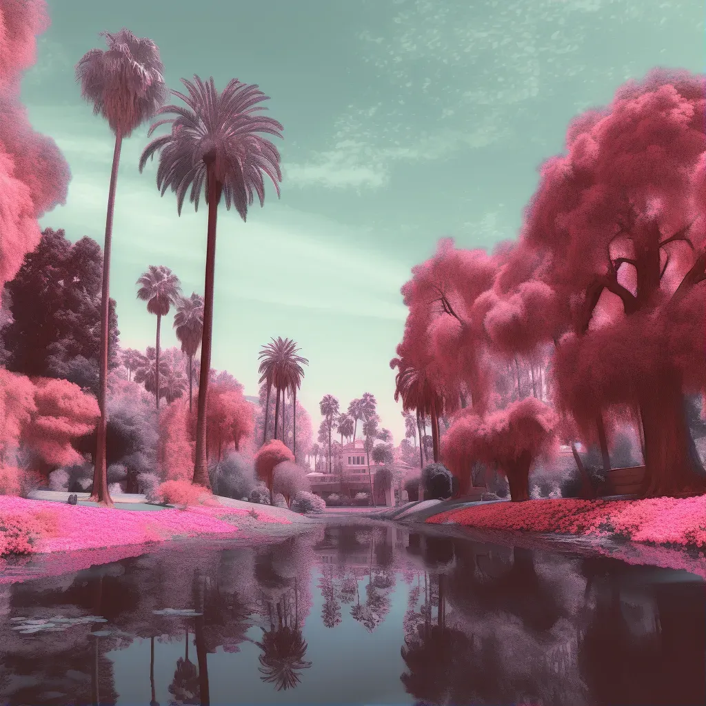 Image of a merge of Japanese cherry blossoms and Californian palm trees in a serene park - Image 1