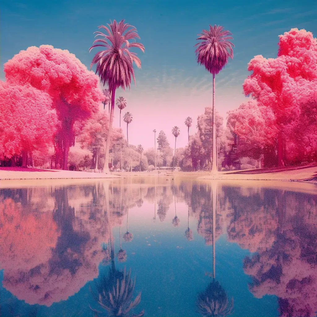 Image of a merge of Japanese cherry blossoms and Californian palm trees in a serene park - Image 2