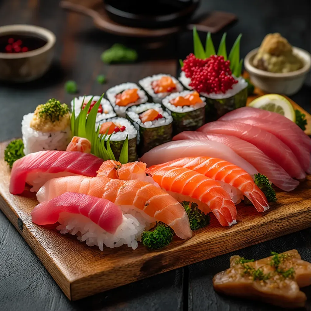 Mouthwatering sushi platter with wasabi and ginger, shot on Sony A6400 - Image 1