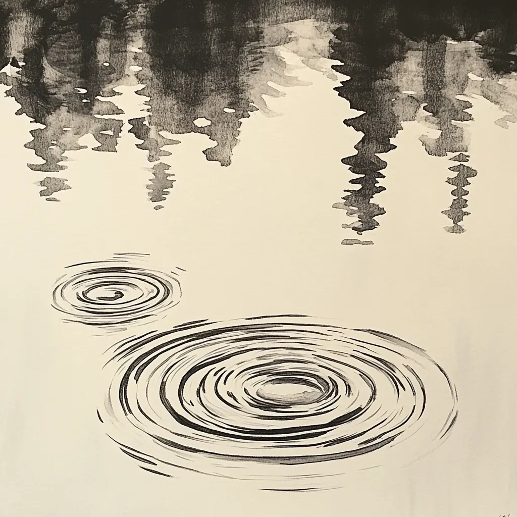 Minimalistic pen and ink depiction of ripples in a pond, suggesting subtly flowing movement - Image 1