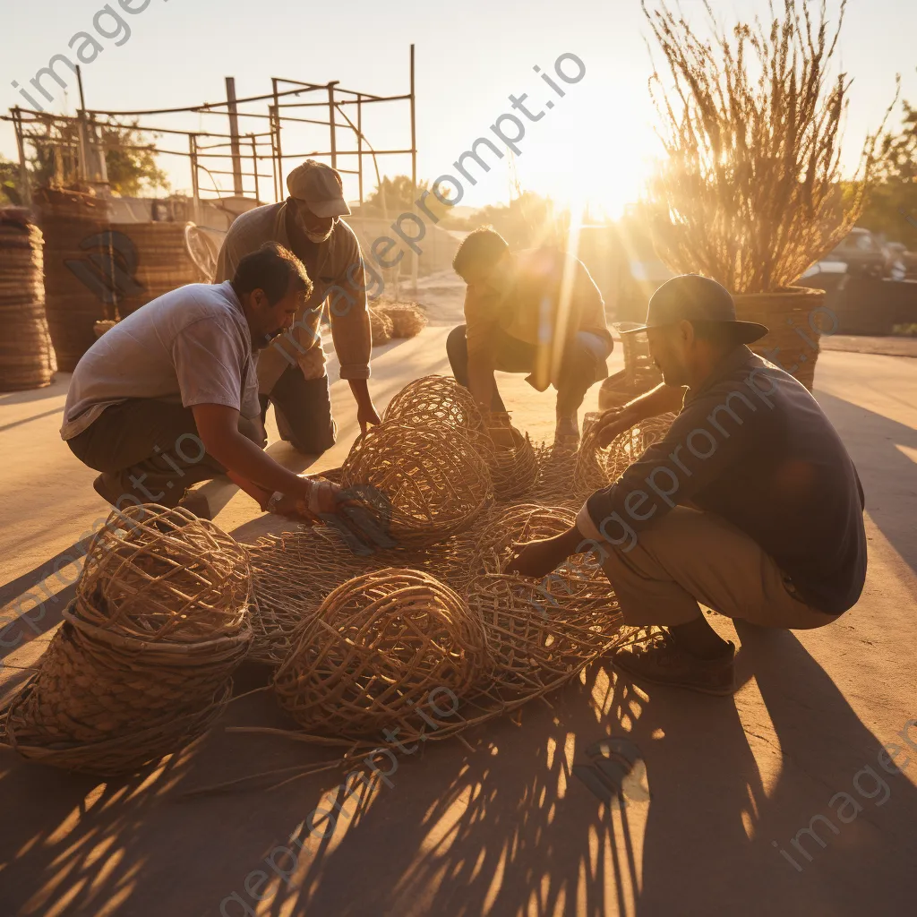 Artisans working on large baskets during sunset - Image 1