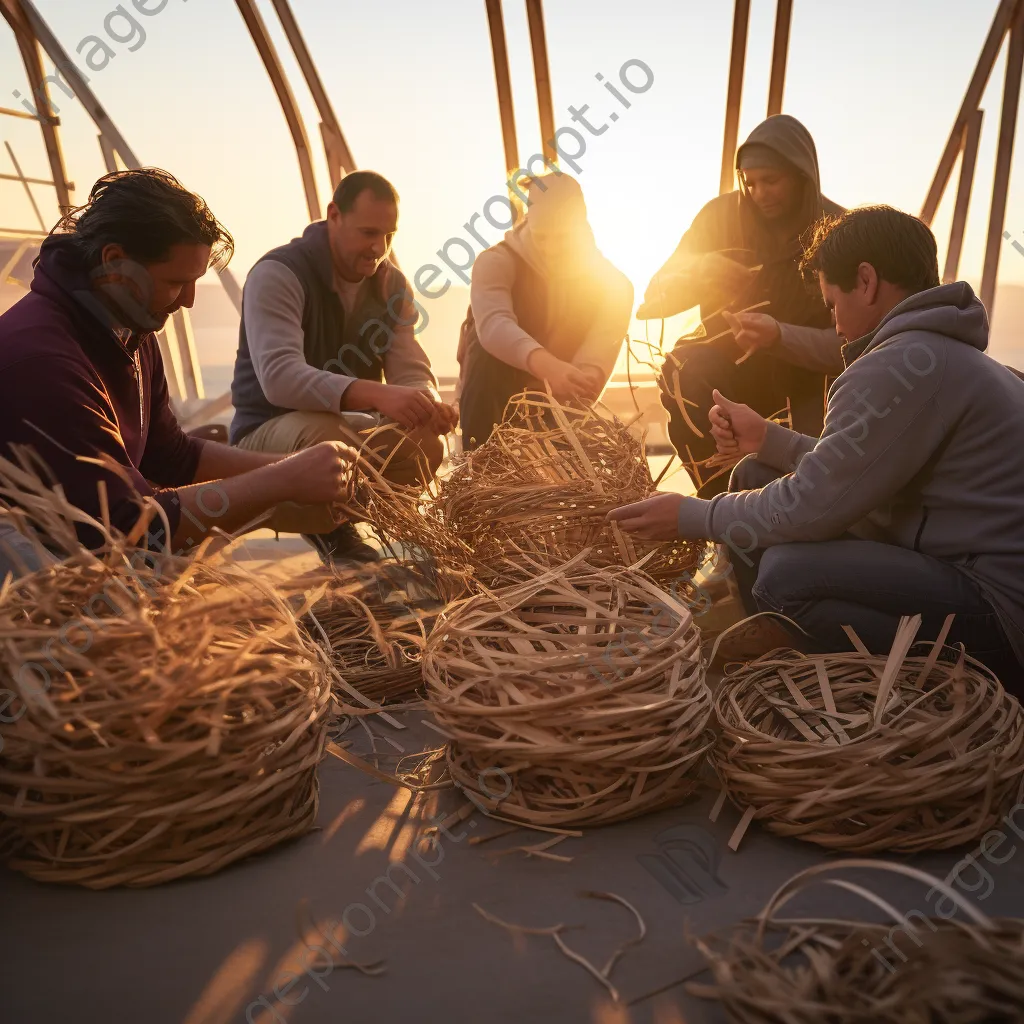 Artisans working on large baskets during sunset - Image 3