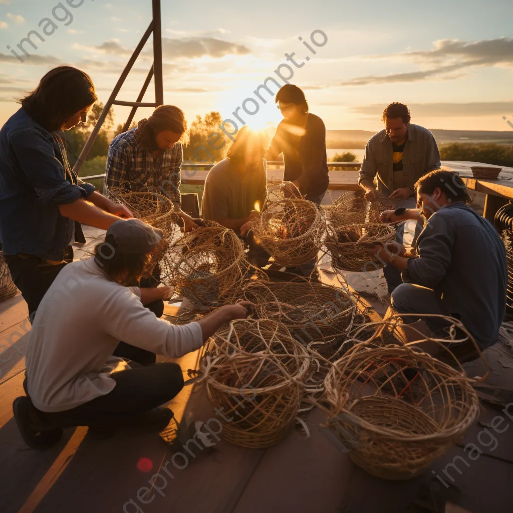 Artisans working on large baskets during sunset - Image 4