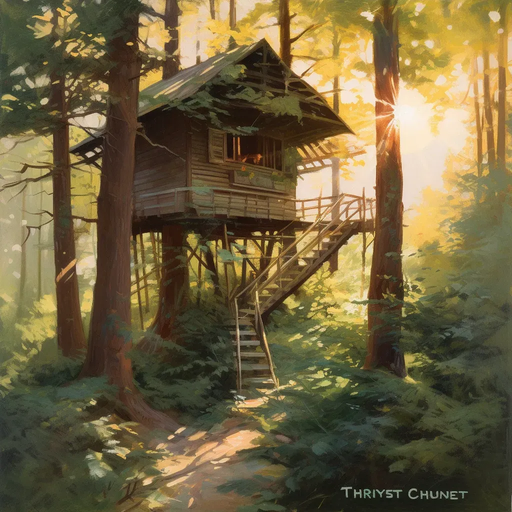 Rustic treehouse in forest with sunset - Image 3