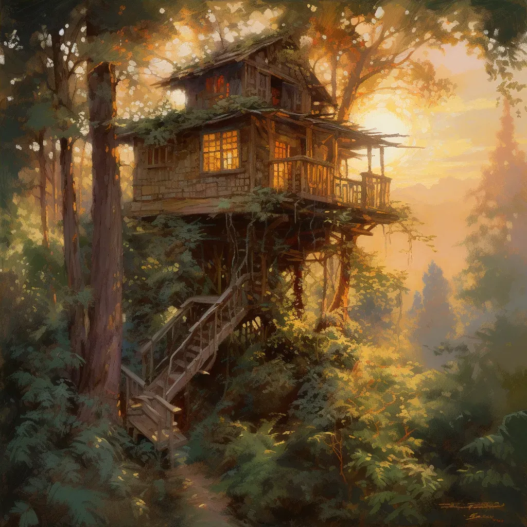 Rustic treehouse in forest with sunset - Image 4