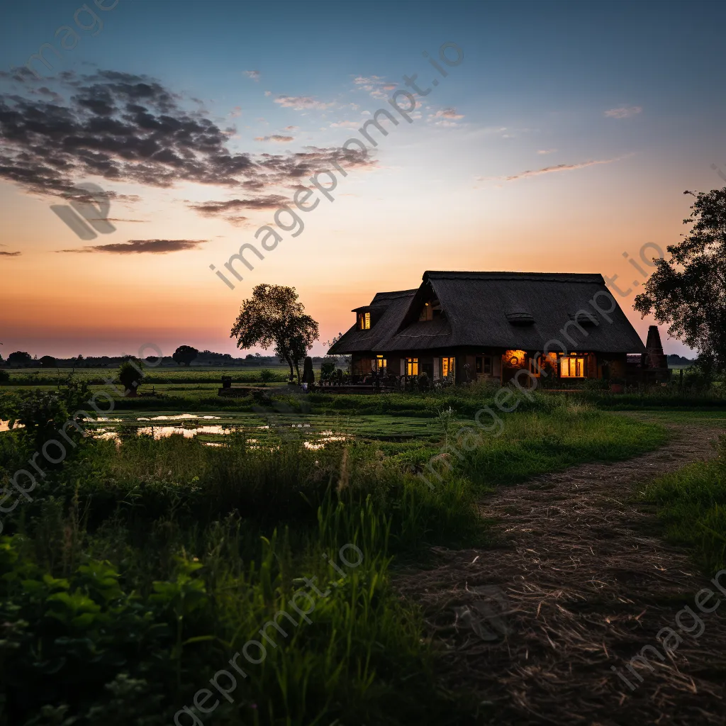 Traditional farmhouse with thatched roof at dusk - Image 1