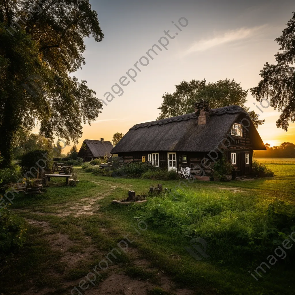 Traditional farmhouse with thatched roof at dusk - Image 2