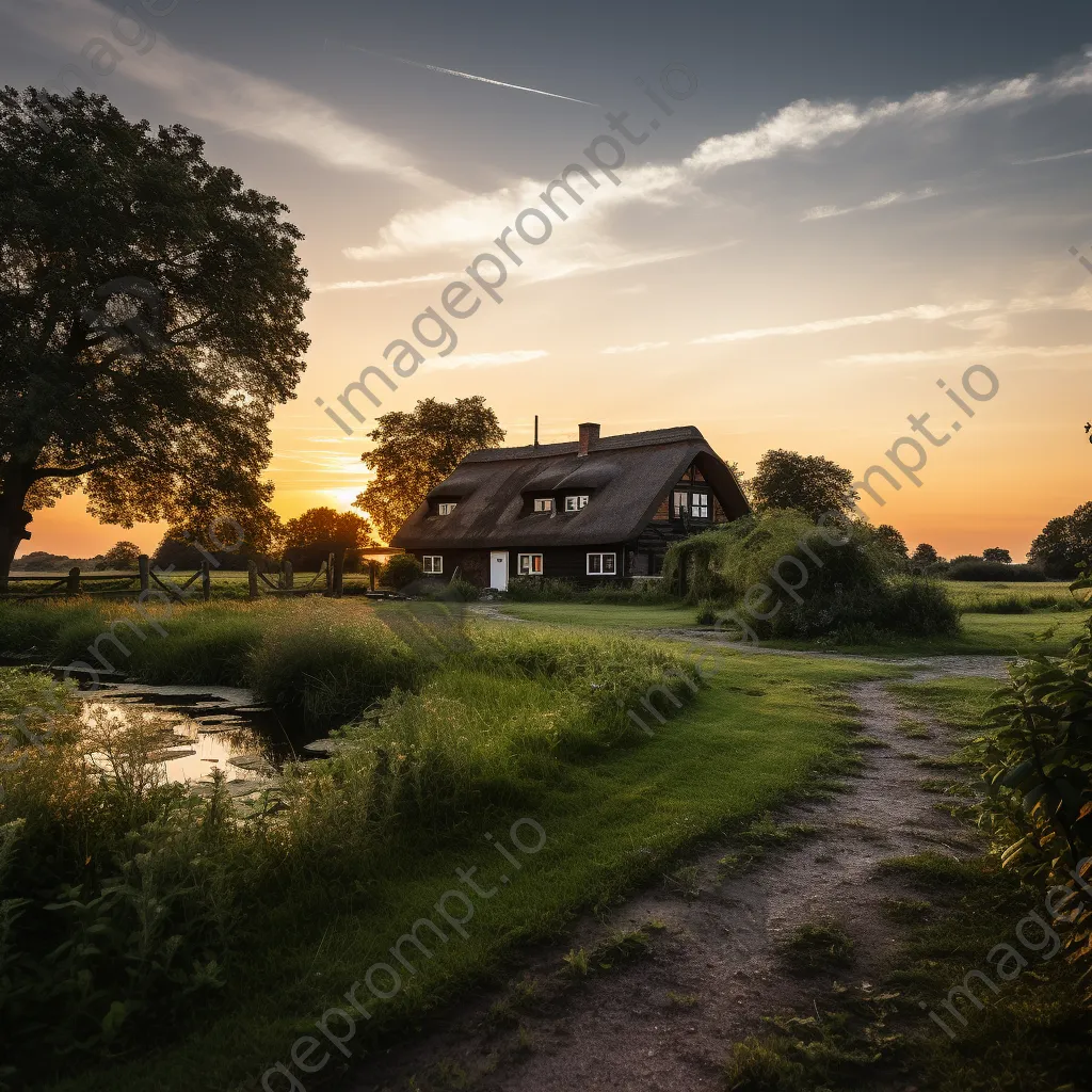 Traditional farmhouse with thatched roof at dusk - Image 3