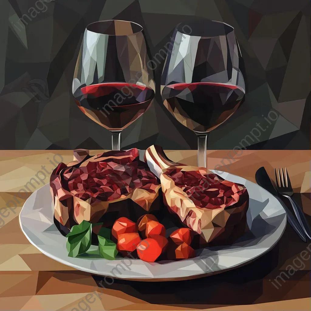 Steak dinner with wine represented in low poly style with rich colors - Image 1