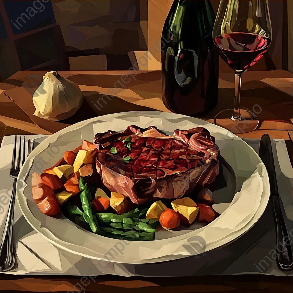 Steak dinner with wine represented in low poly style with rich colors - Image 3