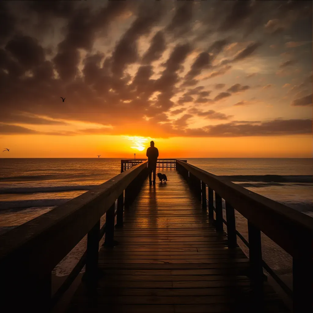 Silhouette of a person watching the sunset on a pier by the ocean - Image 3