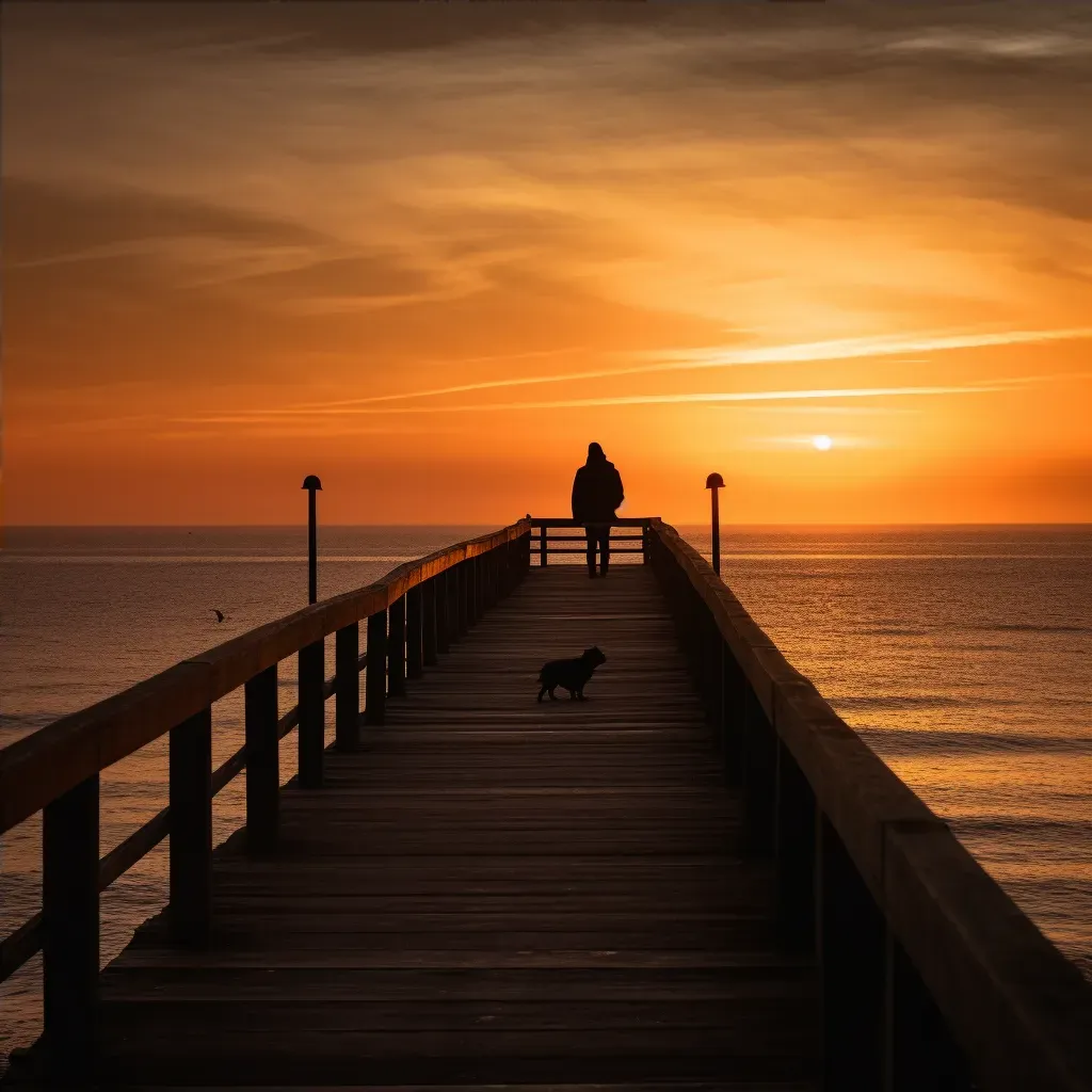 Silhouette of a person watching the sunset on a pier by the ocean - Image 4