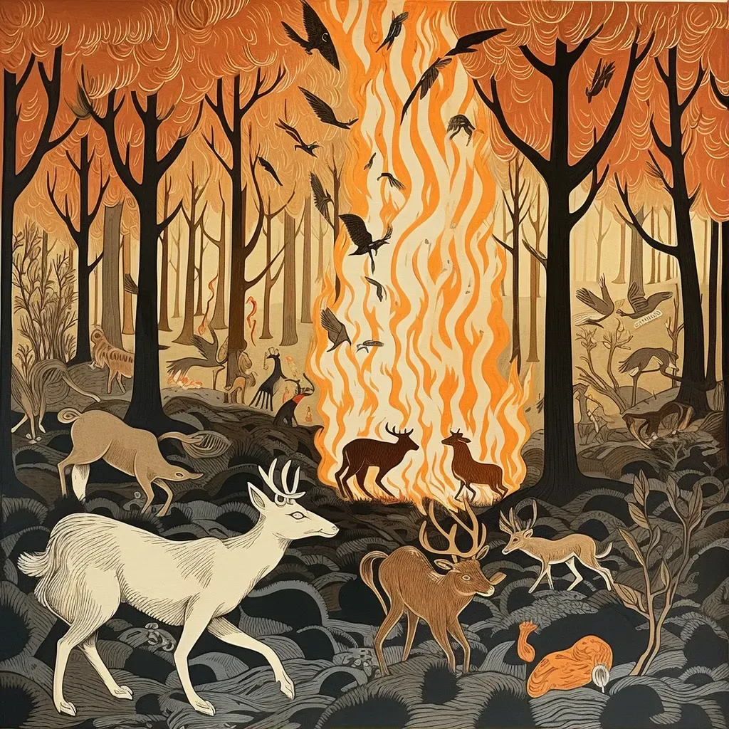 Forest fire with animals fleeing showcasing impact of climate change - Image 1