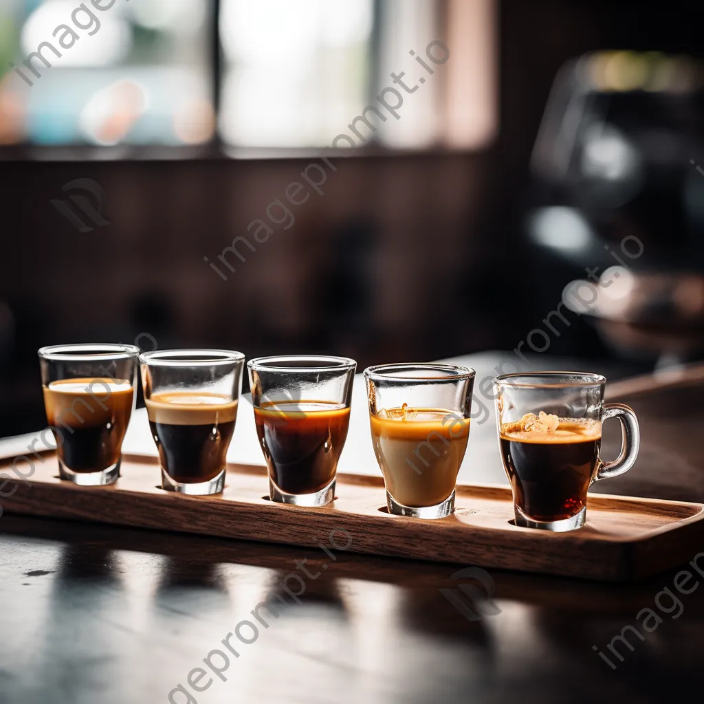 Coffee flight display with various espresso shots in a minimalist setting. - Image 1