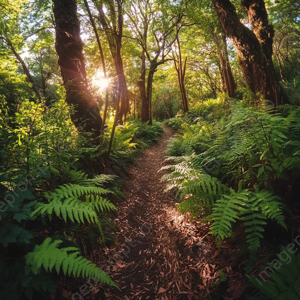 Forest path surrounded by ferns and wild vines - Image 1