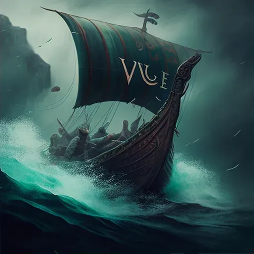 Viking longship sailing through stormy seas with a determined crew - Image 2