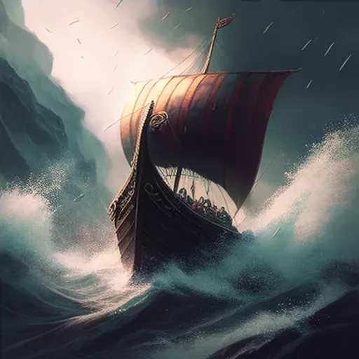 Viking longship sailing through stormy seas with a determined crew - Image 4