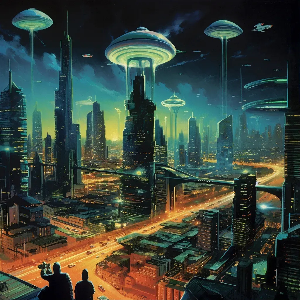 Futuristic cityscape with flying vehicles and high-tech buildings - Image 1