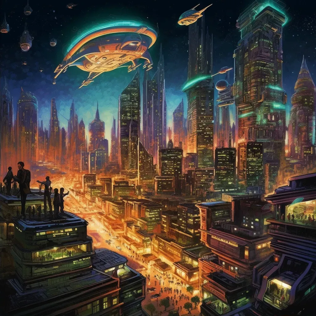 Futuristic cityscape with flying vehicles and high-tech buildings - Image 2