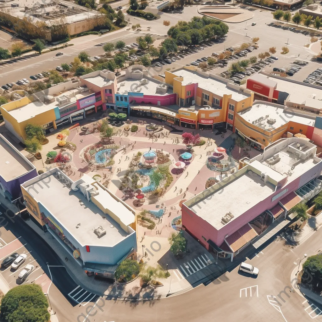 Vibrant outdoor shopping plaza with diverse shops and customers. - Image 2