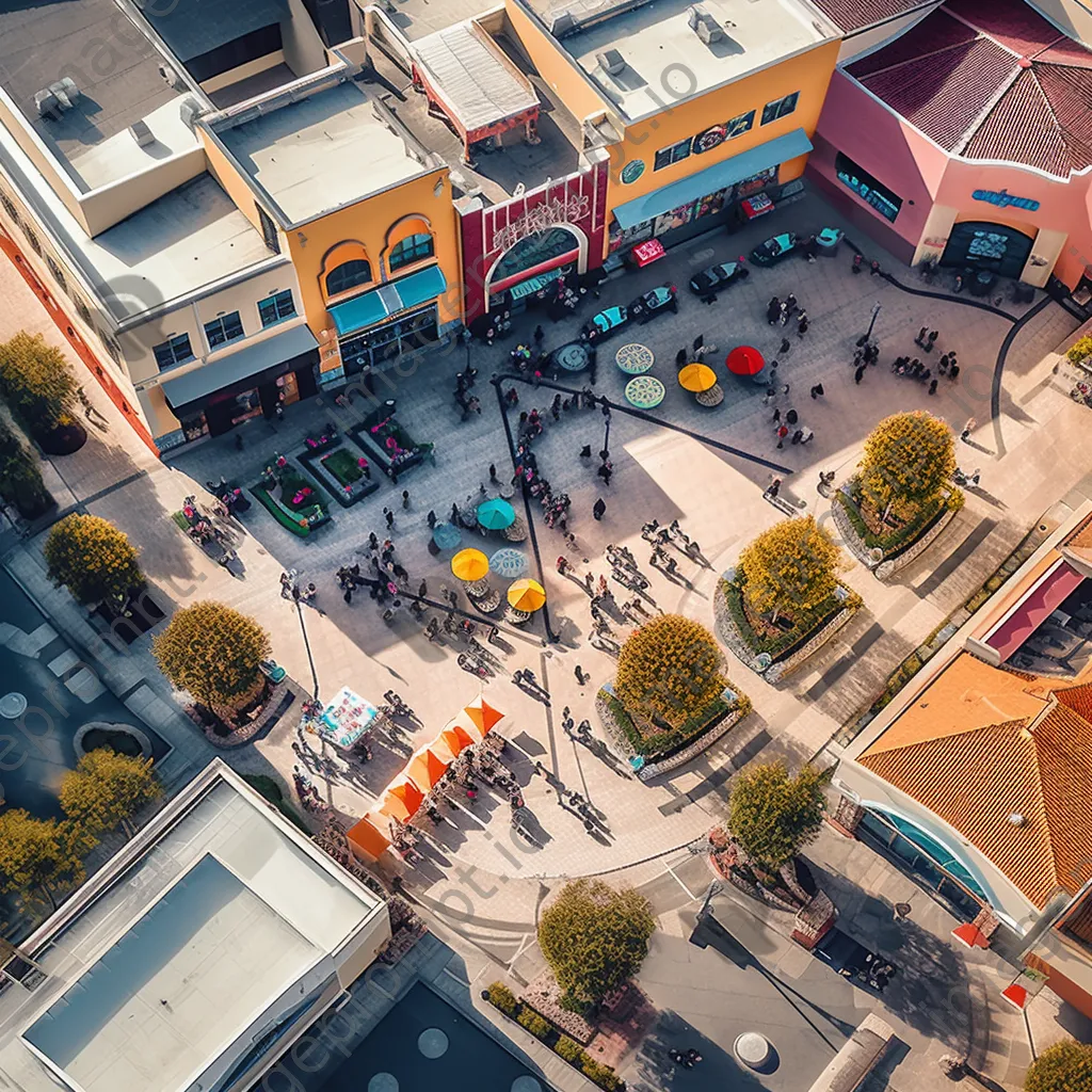 Vibrant outdoor shopping plaza with diverse shops and customers. - Image 4