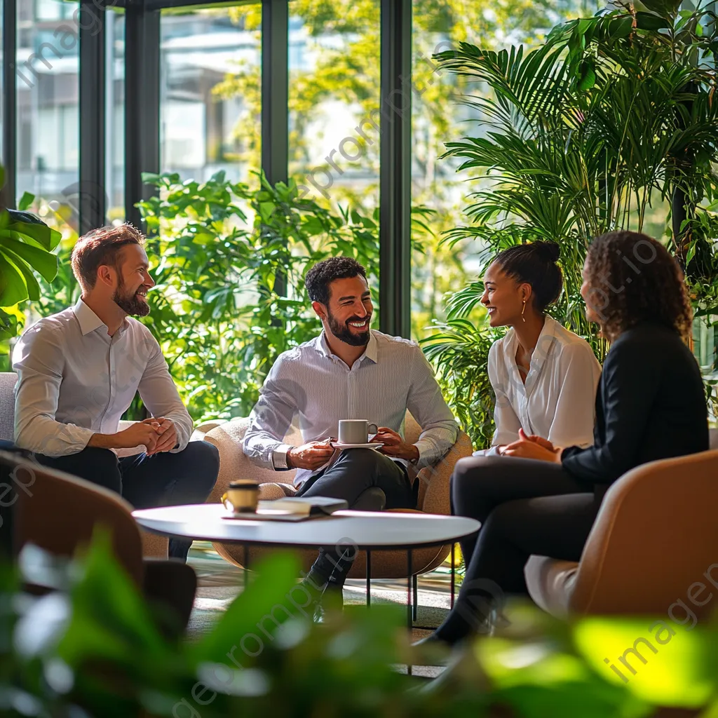 Diverse colleagues enjoying coffee together in a modern office lounge - Image 1