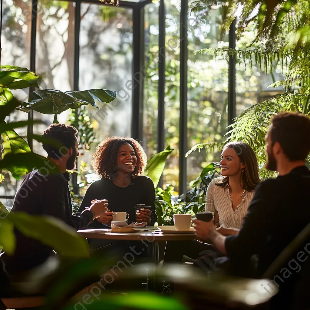 Diverse colleagues enjoying coffee together in a modern office lounge - Image 3