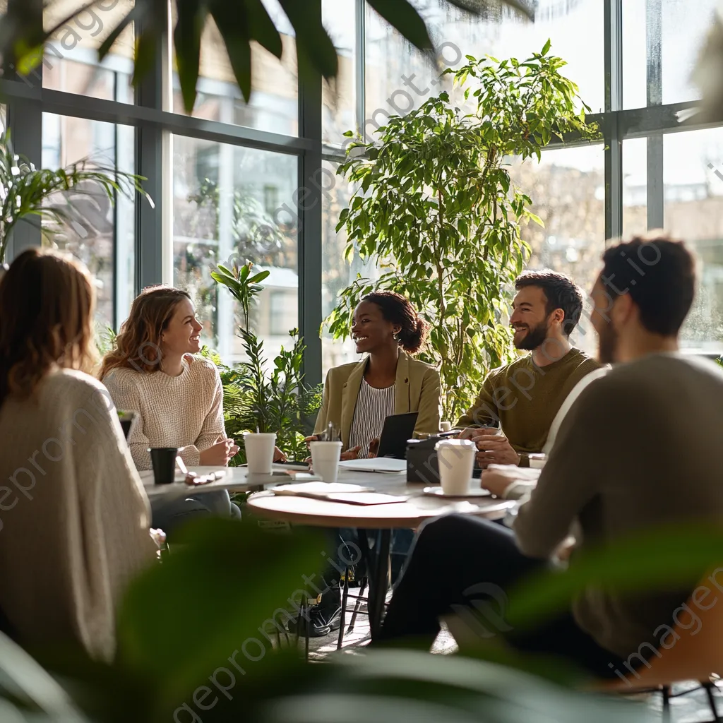 Diverse colleagues enjoying coffee together in a modern office lounge - Image 4