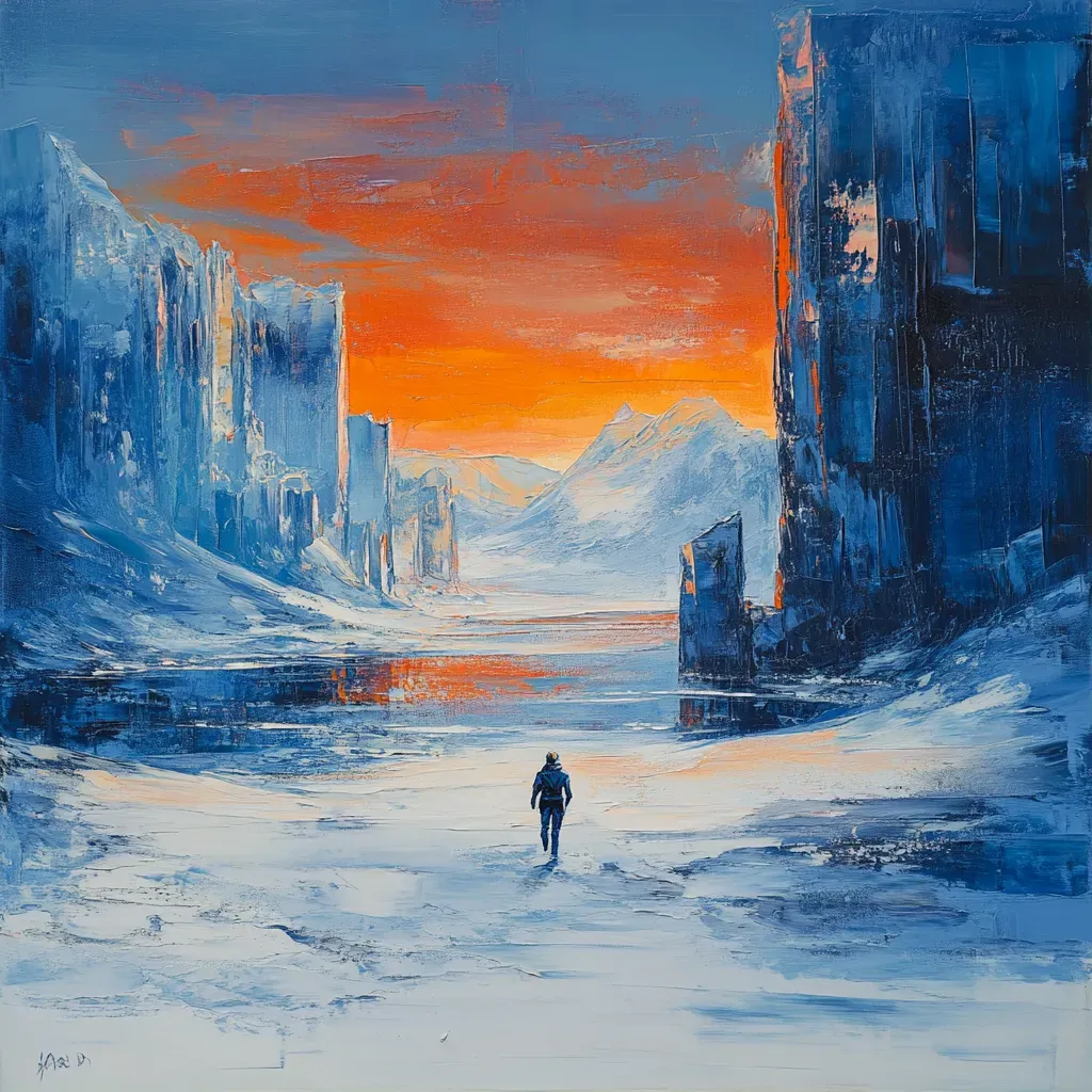 Impressionist painting of a wanderer encountering a phantom city in the Arctic wilderness - Image 1