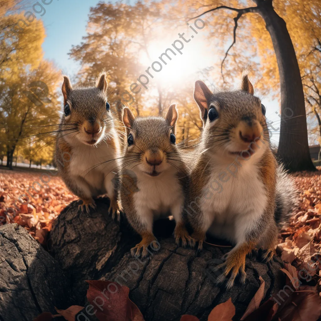 Family of squirrels resting on an ancient tree stump in autumn - Image 2