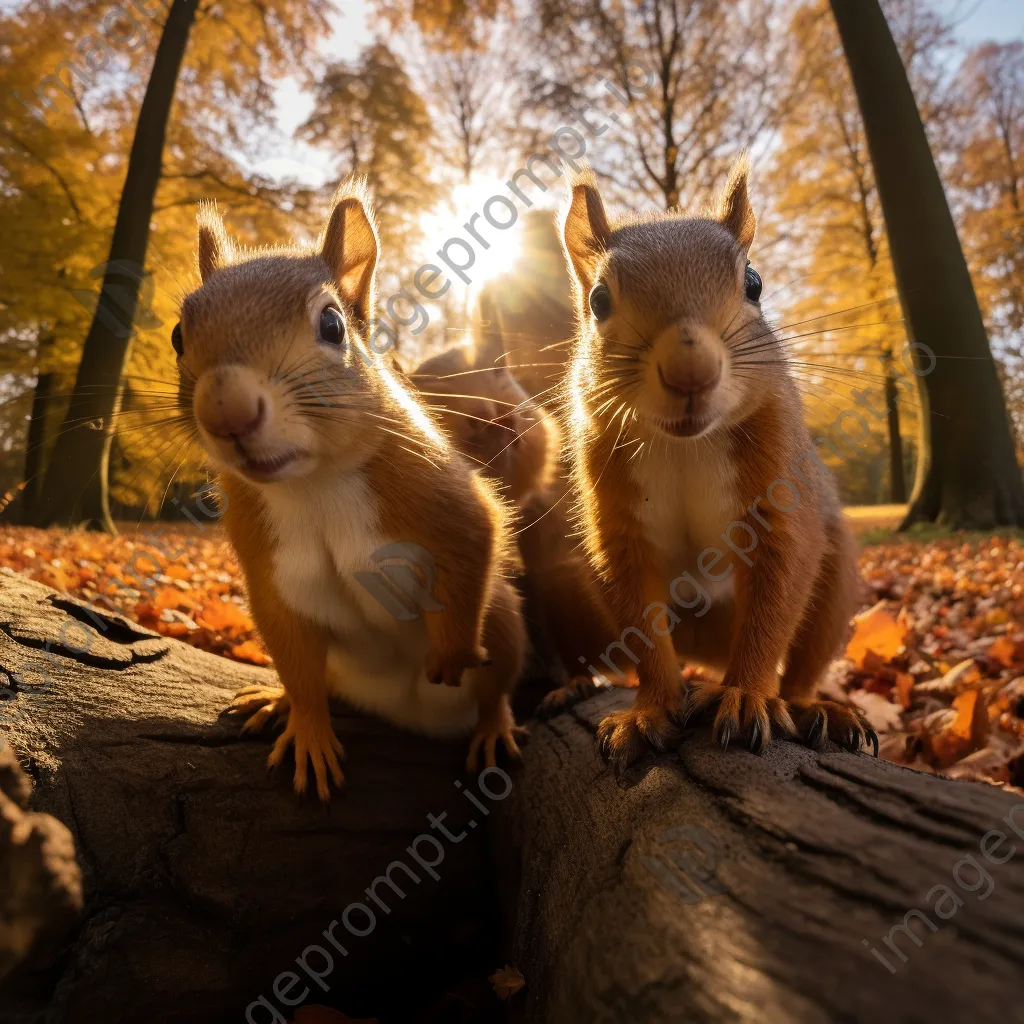 Family of squirrels resting on an ancient tree stump in autumn - Image 4