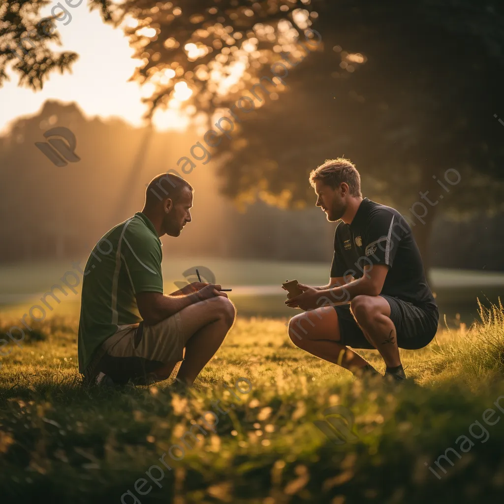 Trainers discussing strategies in the morning light. - Image 1