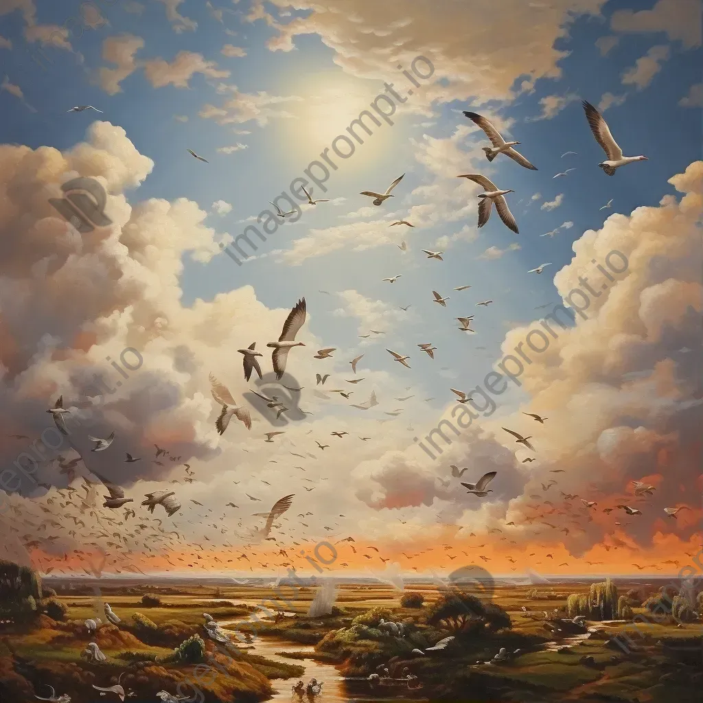 Artwork depicting a flock of migratory birds soaring in a Dutch Golden Age inspired skyscape - Image 1