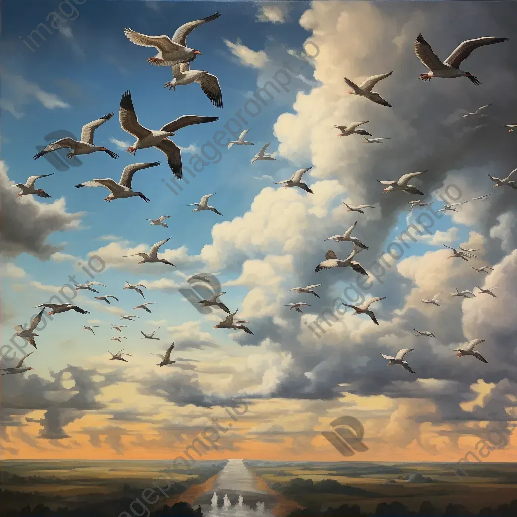 Artwork depicting a flock of migratory birds soaring in a Dutch Golden Age inspired skyscape - Image 2