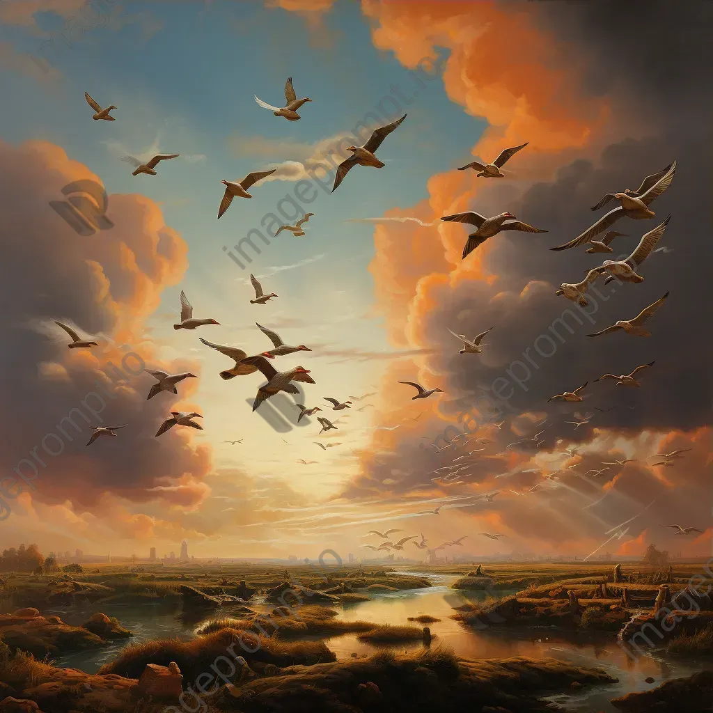 Artwork depicting a flock of migratory birds soaring in a Dutch Golden Age inspired skyscape - Image 3