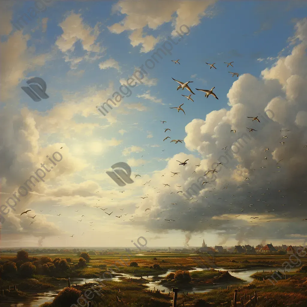 Artwork depicting a flock of migratory birds soaring in a Dutch Golden Age inspired skyscape - Image 4