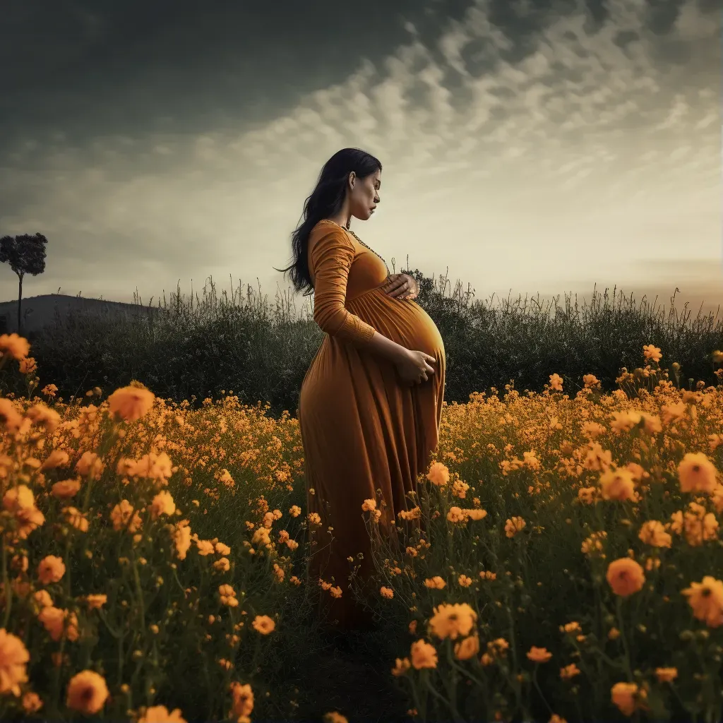 Pregnant Woman in Flower Field Embracing Belly - Image Generated - Image 1