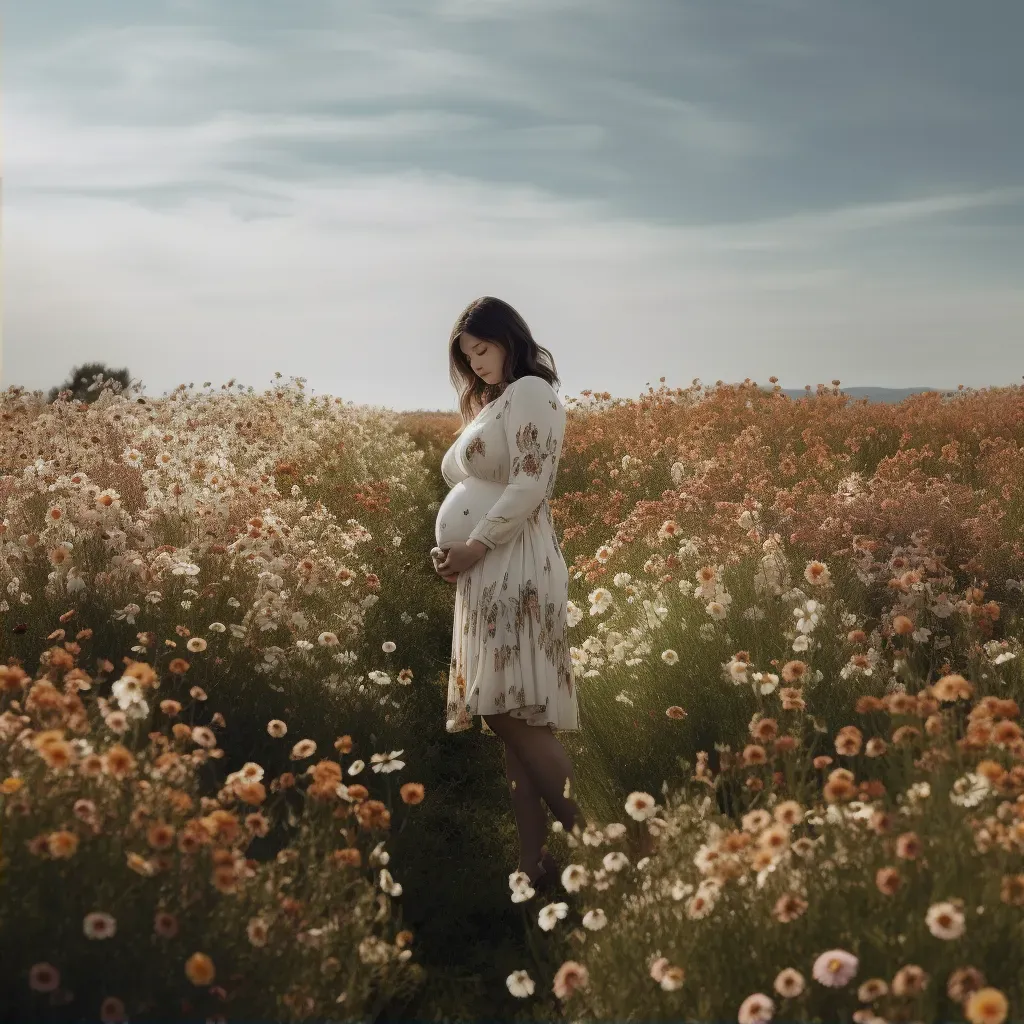 Pregnant Woman in Flower Field Embracing Belly - Image Generated - Image 2