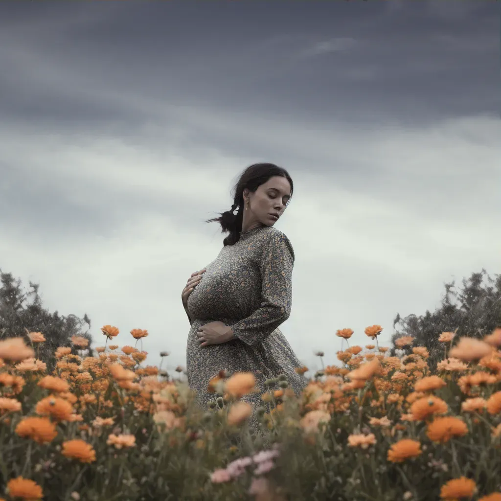 Pregnant Woman in Flower Field Embracing Belly - Image Generated - Image 3