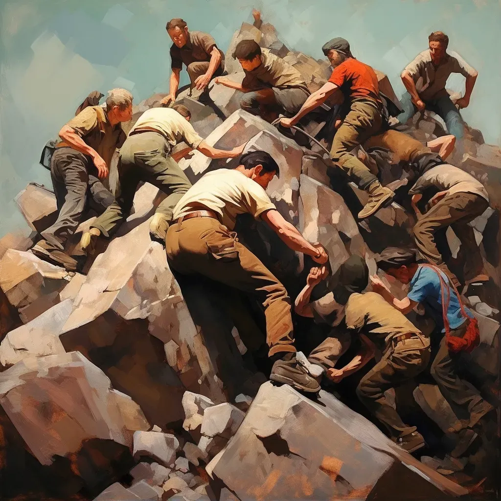 Group pushing a boulder together up a hill - Image 1