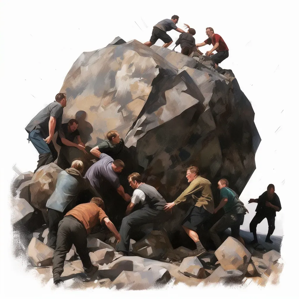 Group pushing a boulder together up a hill - Image 2