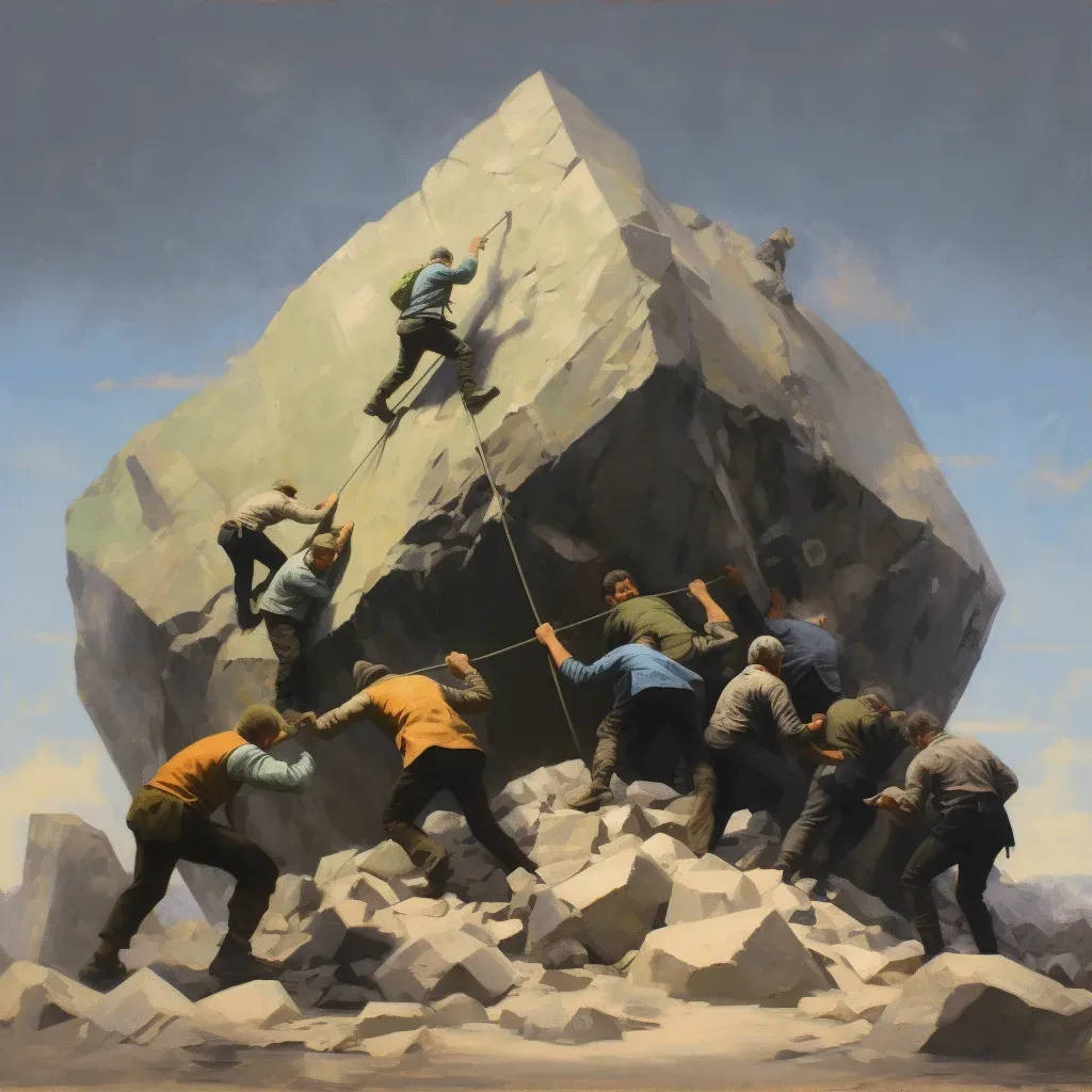 Group pushing a boulder together up a hill - Image 3