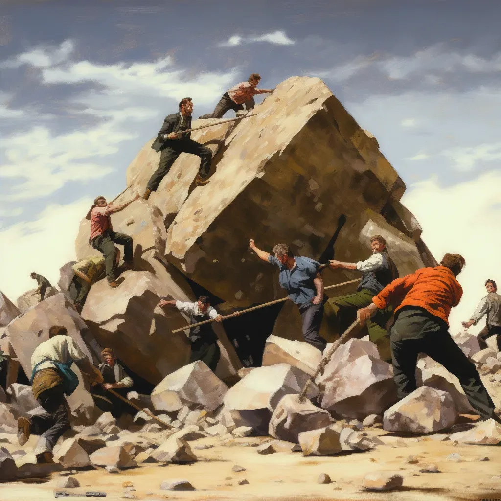 Group pushing a boulder together up a hill - Image 4