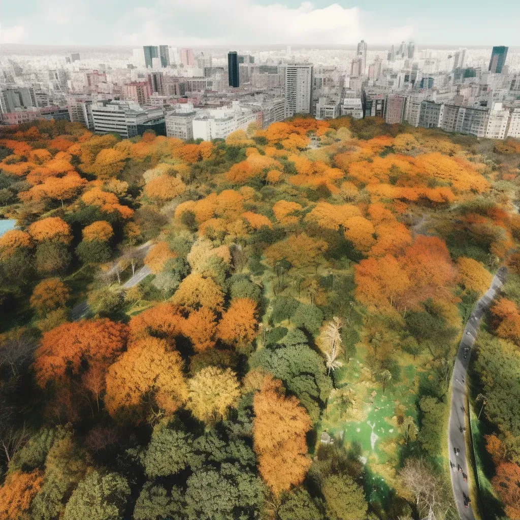 Aerial view of a large city park in autumn with a mix of orange and green foliage - Image 2