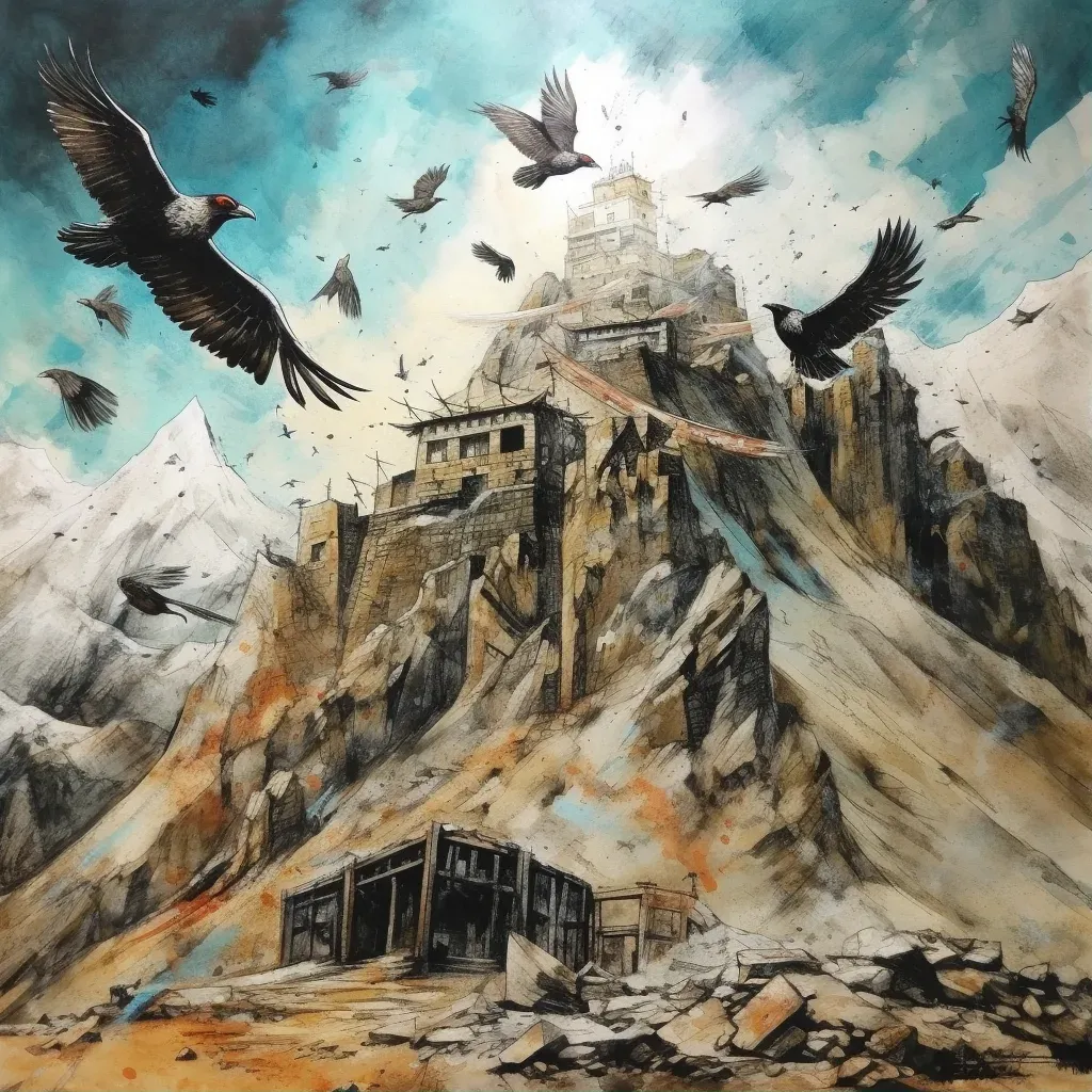 Traditional Tibetan Sky Burial Scene with vultures and mountain peak - Image 1