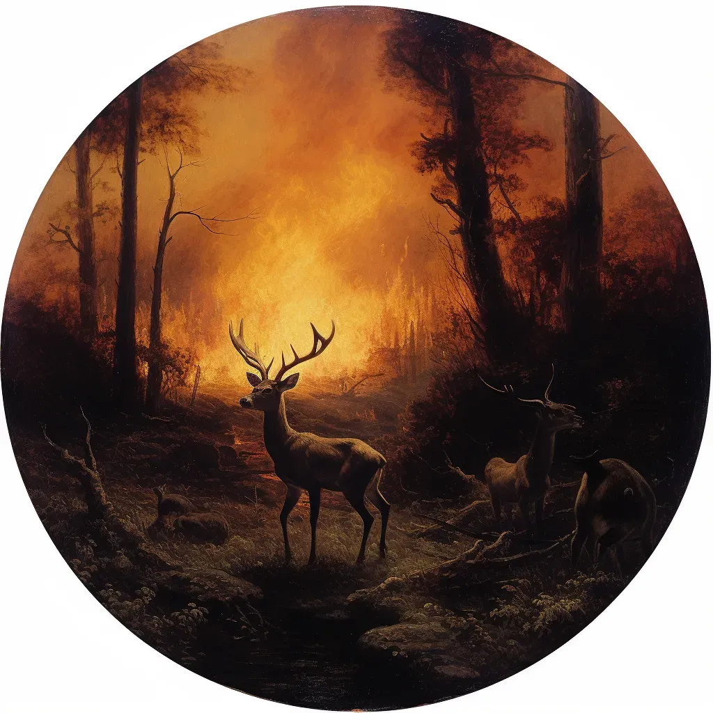 Deer in the foreground looking back at a distant forest fire - Image 1