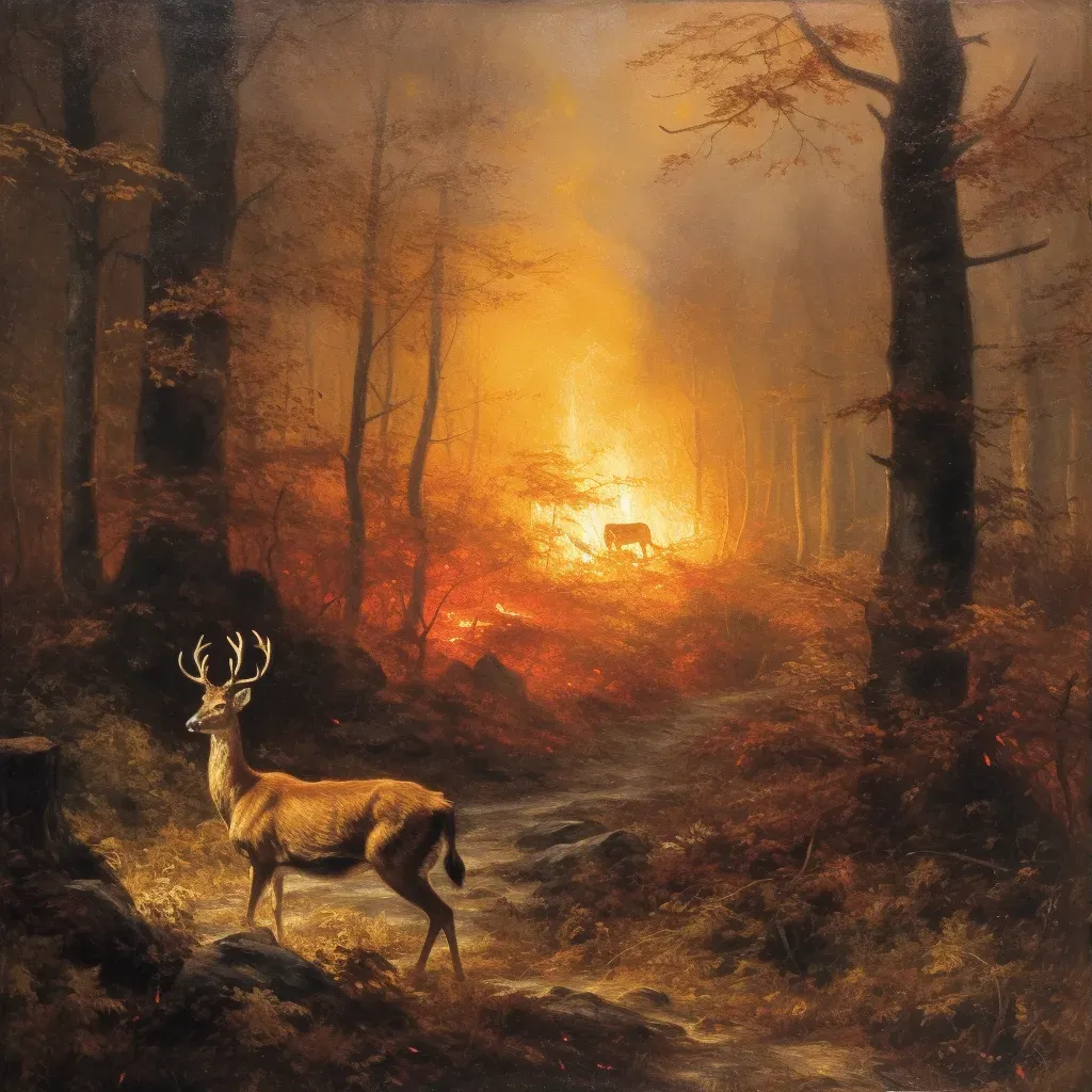 Deer in the foreground looking back at a distant forest fire - Image 3