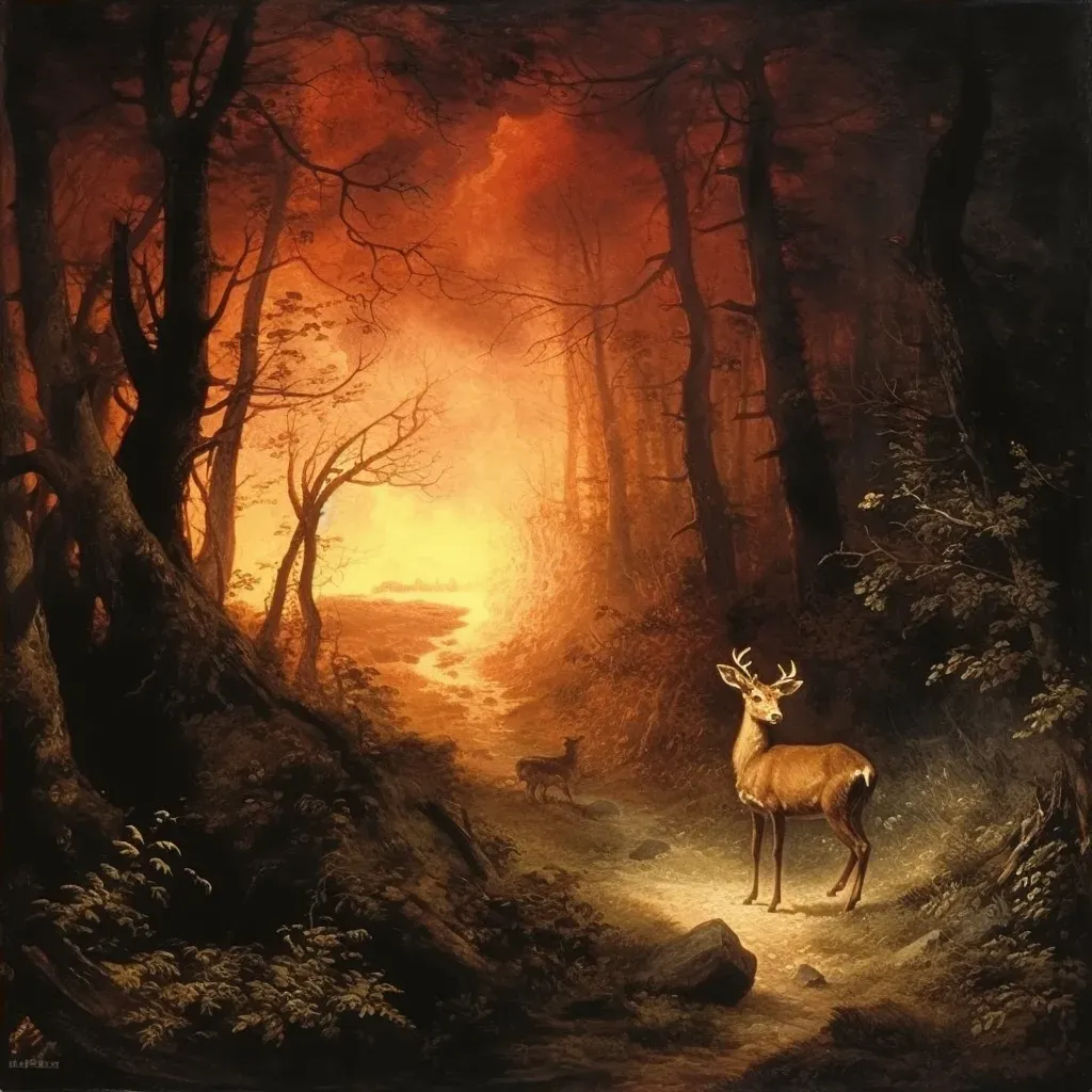 Deer in the foreground looking back at a distant forest fire - Image 4