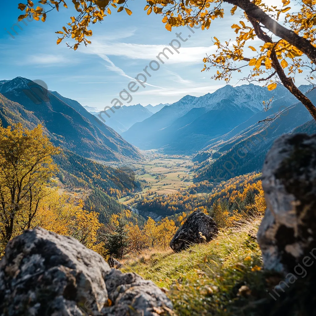 View of a valley rich in autumn colors from a hiking trail under a clear blue sky. - Image 1