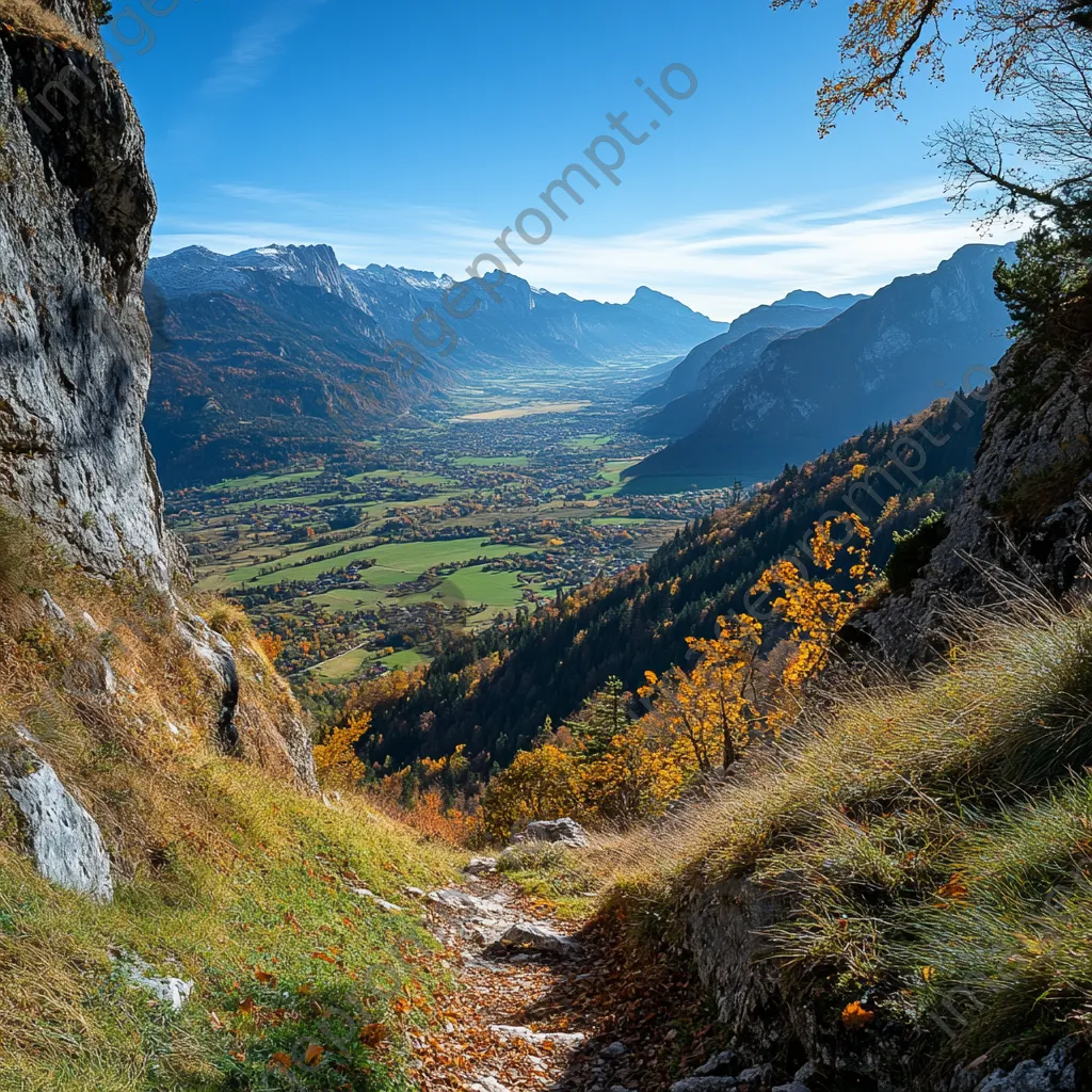 View of a valley rich in autumn colors from a hiking trail under a clear blue sky. - Image 3